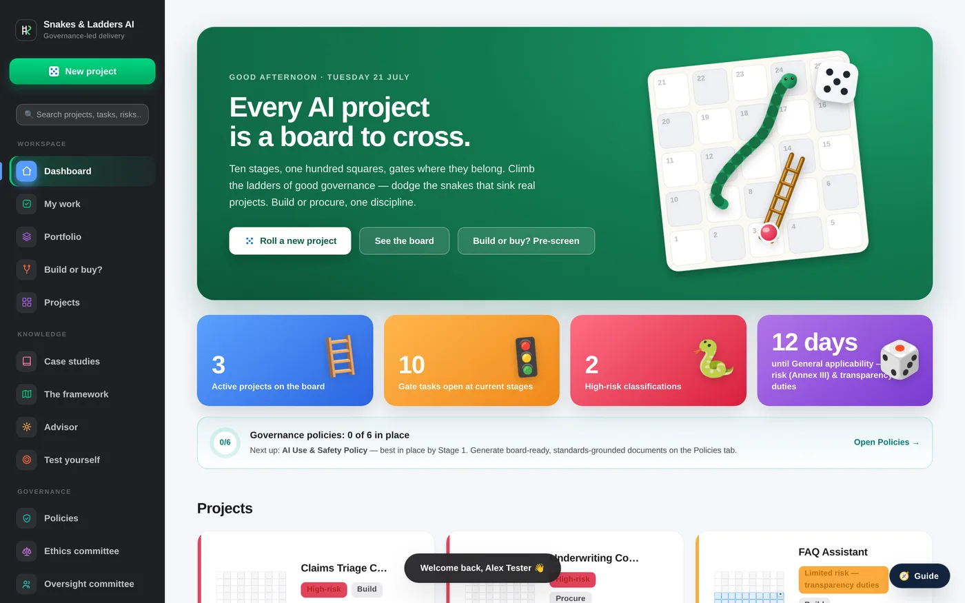 The Snakes and Ladders AI platform dashboard