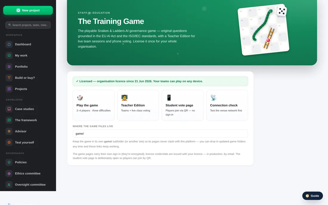 Il Training Game su licenza: gioco, Teacher Edition con voto dal vivo, modalit&agrave; offline.